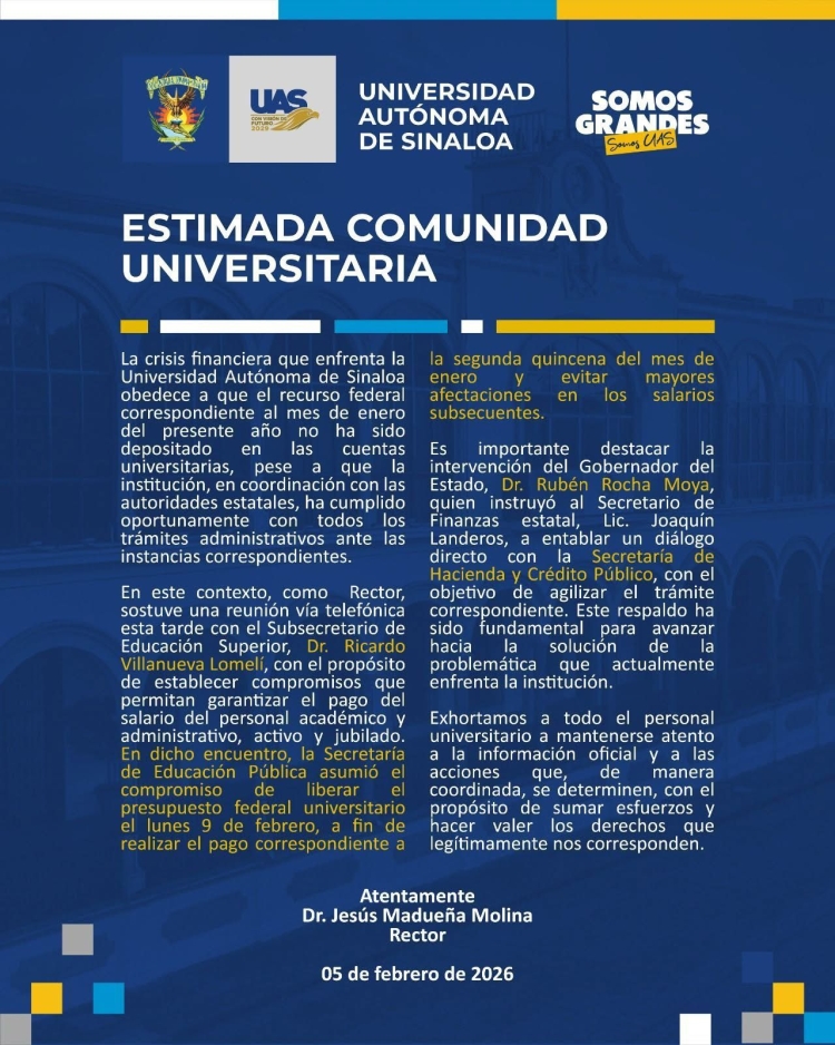 Se compromete la SEP a entregar los recursos a la UAS el lunes 9 de febrero