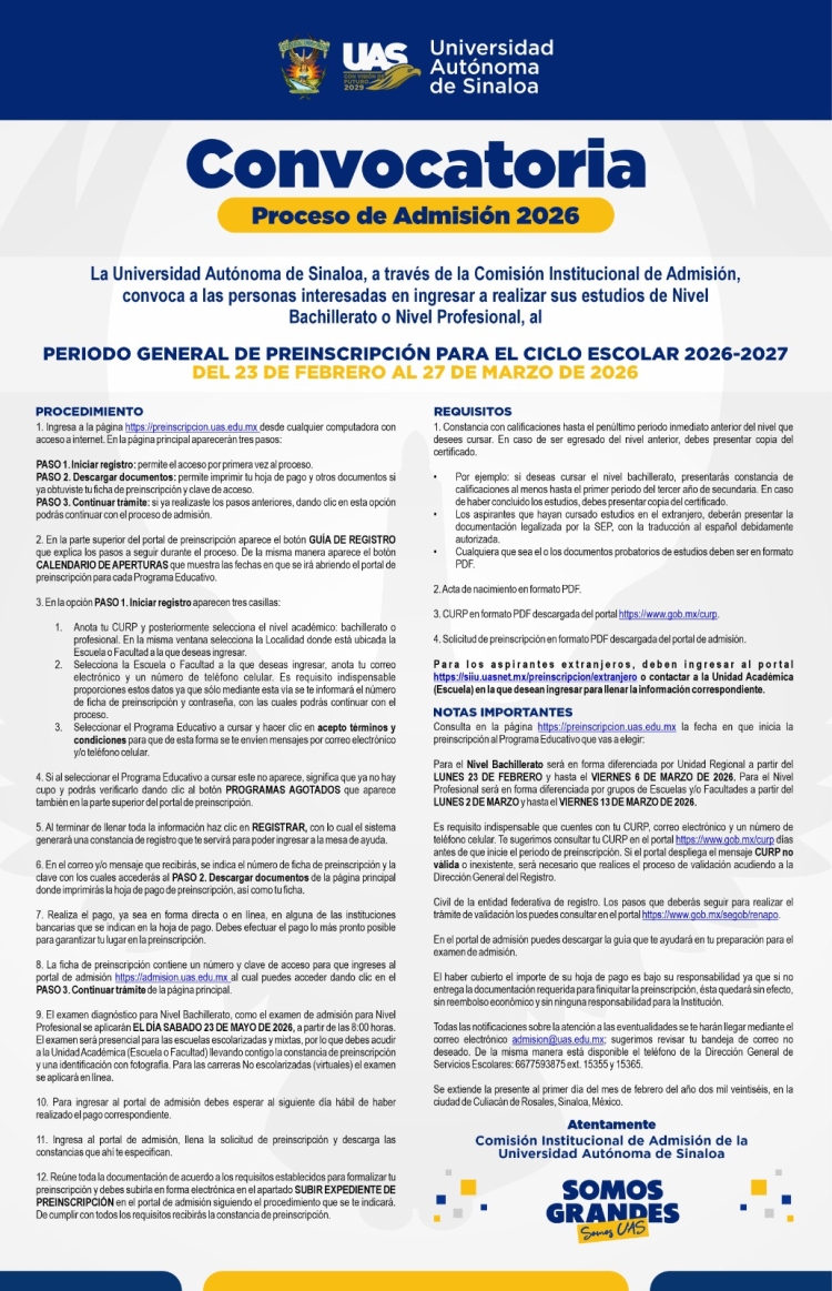 &iexcl;Atenci&oacute;n aspirantes! La UAS abre portal de preinscripciones para el Ciclo 2026-2027 este lunes 23 de febrero